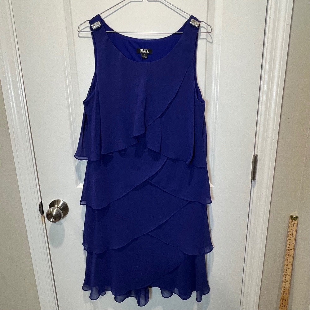 SLNY Women Cocktail‎ Dress Tiered Ruffle Rhinestone Royal Blue 12